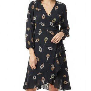 Madewell Navy Peacock Feather Print Dress | V-Neck Ruffle Hem | Size S